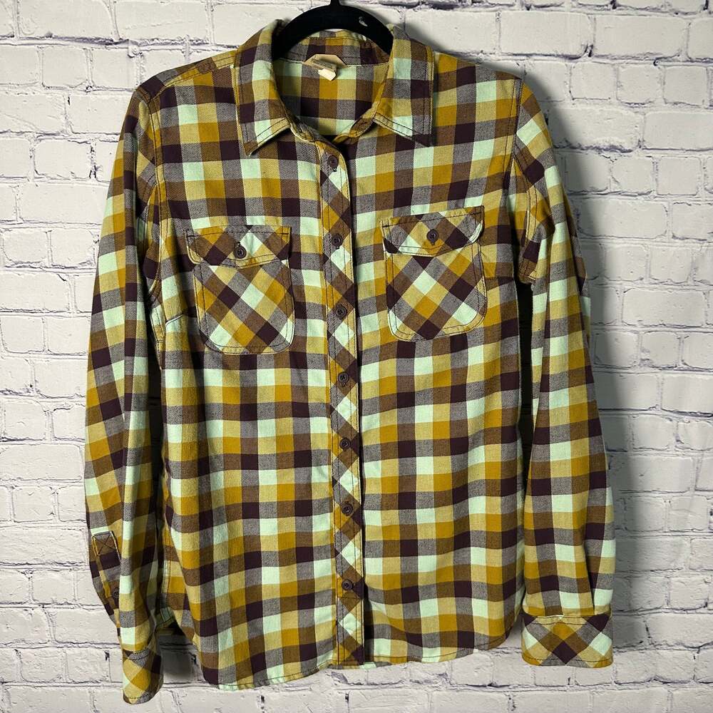Duluth Trading Co. Women's Yellow & Purple Plaid Button-Up Flannel Shirt
